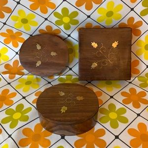 Set of 3 wood trinket / jewelry boxes with brass inlay design